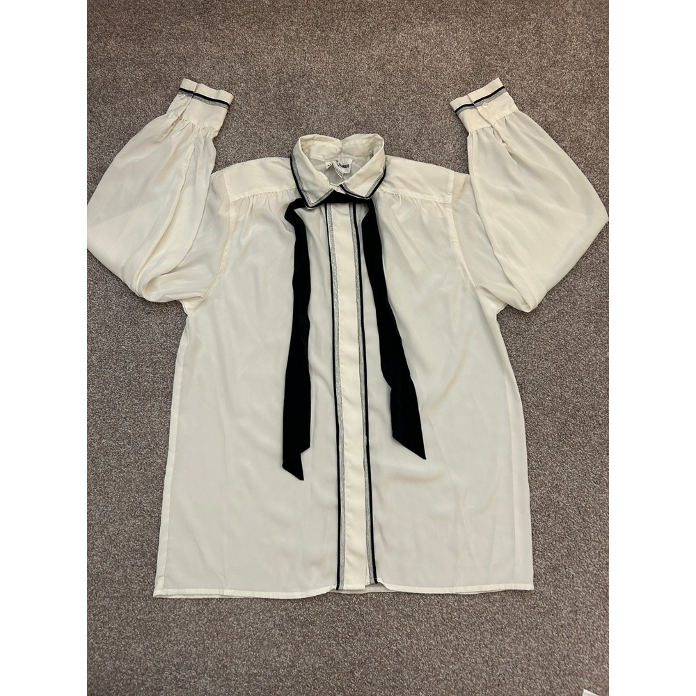 Alfred Dunner Blouse Womens 14 Cream Excellent Tie Neck Bishop Sleeve Vintage